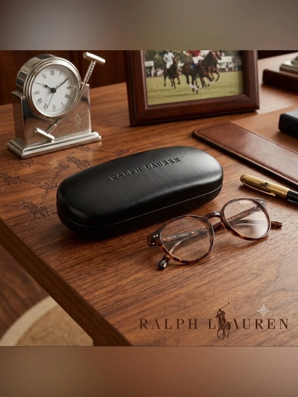 RALPH LAUREN Black Hinged Hard shell Felt Lined Glasses Case